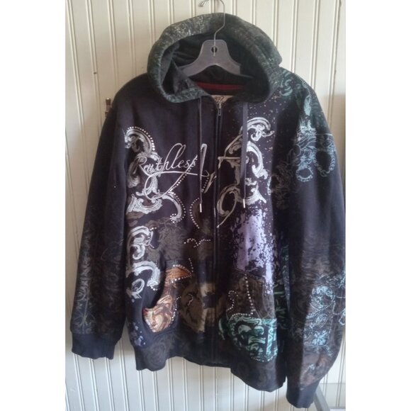 Rawblue Astral Rhinestone Zip Hoodie Black Streetwear Urban Sweater Size XL - Picture 1 of 12